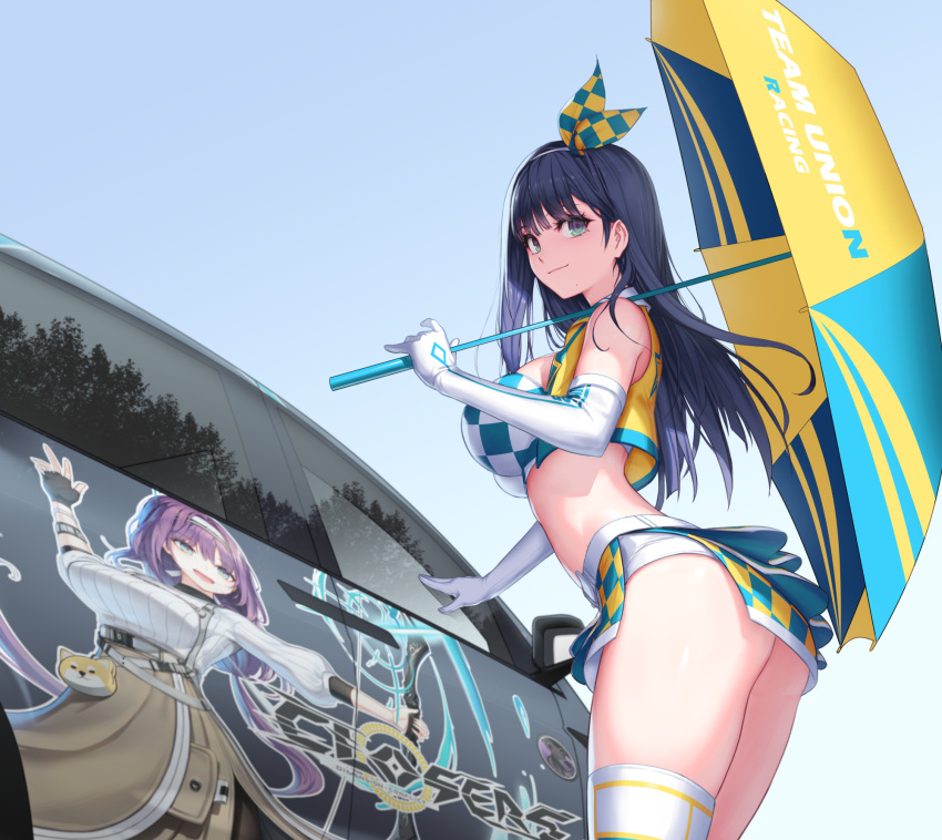 1girl aeri_(closers) aqua_eyes arched_back ass bare_shoulders blue_hair blue_shirt blue_skirt breasts car closed_mouth closers cowboy_shot crop_top cropped_vest elbow_gloves from_side gloves hairband highres holding holding_umbrella large_breasts leaning_forward long_hair looking_at_viewer looking_to_the_side midriff miniskirt mole mole_under_mouth motor_vehicle non-web_source official_art open_clothes open_vest race_queen race_vehicle racecar shirt side_slit skindentation skirt sleeveless sleeveless_shirt smile solo standing thighhighs thighs umbrella vest white_gloves white_thighhighs yellow_vest