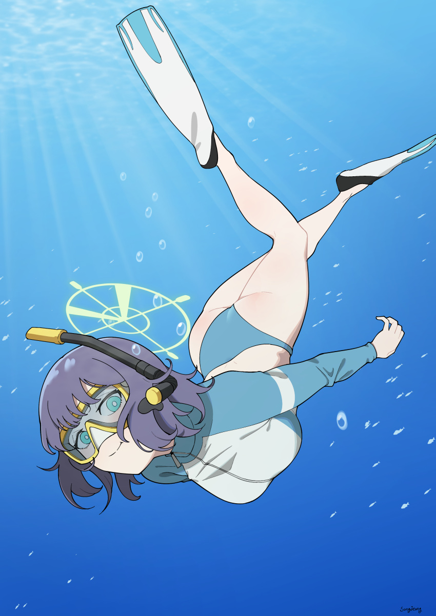 1girl absurdres aqua_eyes ass bikini bikini_bottom_only blue_archive blue_bikini blue_hair closed_mouth commentary_request cropped_jacket diving diving_mask flippers goggles halo highres jacket long_sleeves looking_at_viewer official_alternate_costume raglan_sleeves rash_guard saki_(blue_archive) saki_(swimsuit)_(blue_archive) short_hair smile solo songjeong swimsuit underwater white_jacket yellow_halo