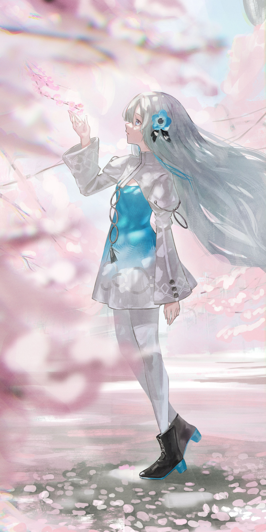 1girl absurdres black_footwear blue_dress blue_eyes blue_flower blue_hair boots branch cherry_blossoms commentary_request dress expressionless floating_hair flower from_side full_body grey_hair hair_flower hair_ornament high_heel_boots high_heels highres isekai_joucho kamitsubaki_studio long_hair mochimochi_kashiwa multicolored_hair outdoors pantyhose parted_lips profile solo spring_(season) two-tone_dress two-tone_hair virtual_youtuber white_dress white_pantyhose
