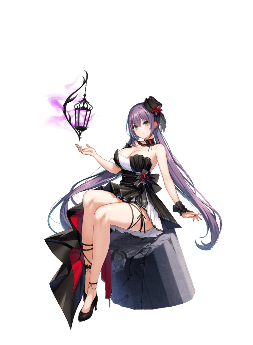 1girl aeri_(closers) aqua_eyes arm_garter bare_arms bare_legs bare_shoulders black_choker black_dress black_footwear black_headwear breasts choker cleavage closed_mouth closers dress hand_up hat high_heels highres lantern large_breasts long_hair looking_at_viewer mini_hat mole mole_under_mouth nail_polish non-web_source official_art pleated_dress purple_hair red_nails short_dress simple_background sitting smile solo strapless strapless_dress thigh_strap thighs two-tone_dress very_long_hair white_background white_dress