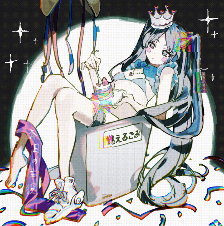 1girl :| bikini black_eyes blue_hair blush_stickers breasts bridal_garter cake closed_mouth confetti crown expressionless feet food fork fruit full_body glitch headwear_request heart heart_in_eye heart_pendant highres holding holding_fork holding_plate honjitsu_no_shuyaku in_trash_can inu_totemo knees_together_feet_apart long_hair mini_crown original parted_bangs plate sash shoes short_sleeves shrug_(clothing) sidelocks single_barefoot sitting small_breasts solo sparkle spotlight strawberry string_bikini swimsuit symbol_in_eye toes translation_request trash_can twintails very_long_hair white_footwear