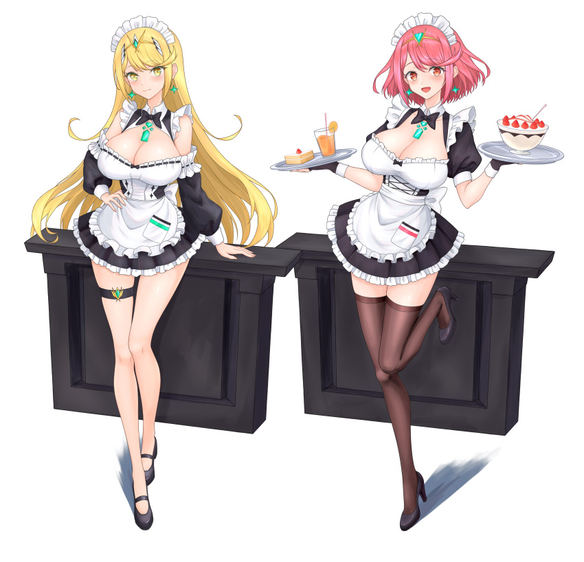 2girls :d absurdres alternate_costume apron bare_shoulders black_bow black_bowtie black_footwear blonde_hair blush bow bowtie breasts cake cake_slice chest_jewel cleavage core_crystal_(xenoblade) cup detached_sleeves dress drinking_glass drinking_straw drop_earrings earrings feichu_keju fingerless_gloves food frilled_dress frills fruit gloves hand_on_own_hip high_heels highres ice_cream jewelry large_breasts long_hair maid maid_apron maid_headdress multiple_girls mythra_(xenoblade) orange_(fruit) orange_slice puffy_detached_sleeves puffy_short_sleeves puffy_sleeves pyra_(xenoblade) red_eyes red_hair short_dress short_hair short_sleeves smile standing standing_on_one_leg strawberry swept_bangs thigh_strap thighhighs tiara very_long_hair white_background white_bow xenoblade_chronicles_(series) xenoblade_chronicles_2 yellow_eyes