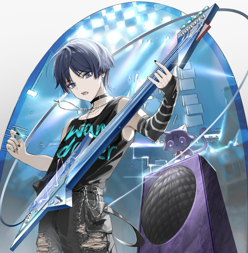 1boy alternate_costume bass_guitar black_pants black_tank_top character_name clothes_writing genshin_impact hair_between_eyes highres instrument isobe47 jewelry looking_at_viewer male_focus necklace open_mouth pants purple_eyes purple_hair scaramouche_(cat)_(genshin_impact) scaramouche_(genshin_impact) shirt short_hair solo tank_top wanderer_(genshin_impact)