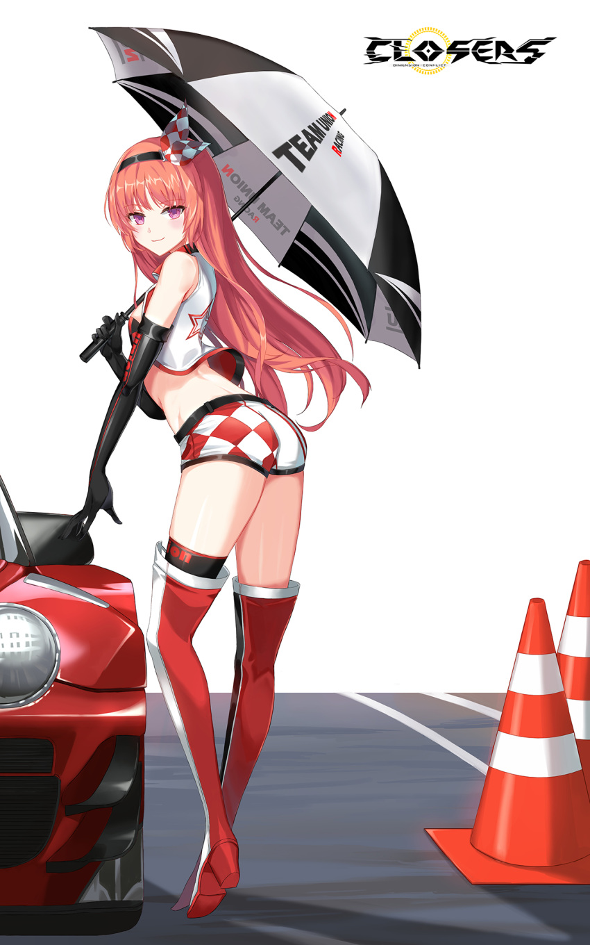 1girl arched_back ass bare_shoulders belt boots breasts car closed_mouth closers crop_top cropped_vest elbow_gloves full_body gloves hairband high_heel_boots high_heels highres holding holding_umbrella long_hair looking_at_viewer looking_back luna_aegis_(closers) midriff motor_vehicle non-web_source official_art purple_eyes race_queen red_hair short_shorts shorts single_thighhigh sleeveless smile solo standing thigh_boots thighhighs thighs traffic_cone umbrella vest