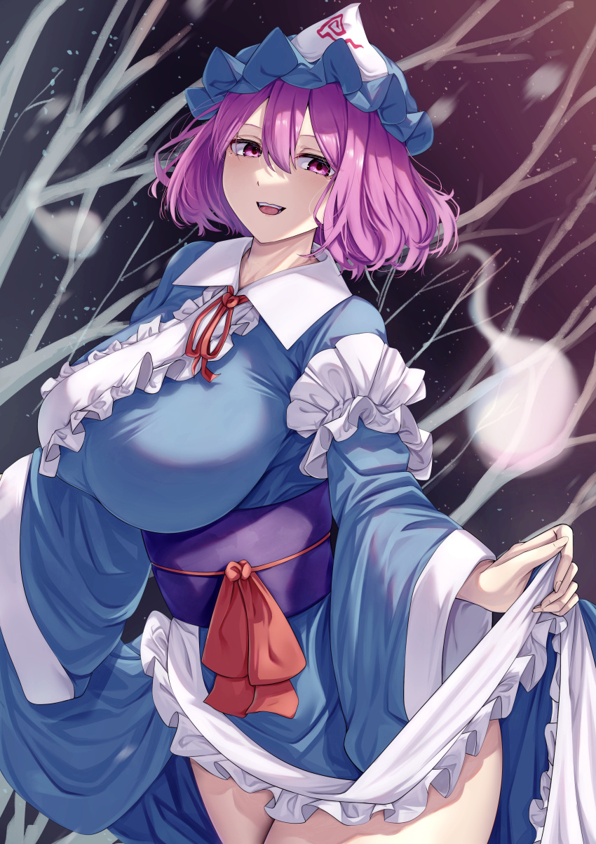 1girl absurdres blue_dress blue_kimono breasts cowboy_shot dress frilled_dress frilled_kimono frills hat highres japanese_clothes kimono large_breasts mirufui mob_cap pink_eyes pink_hair saigyouji_yuyuko short_hair smile solo touhou triangular_headpiece wide_sleeves