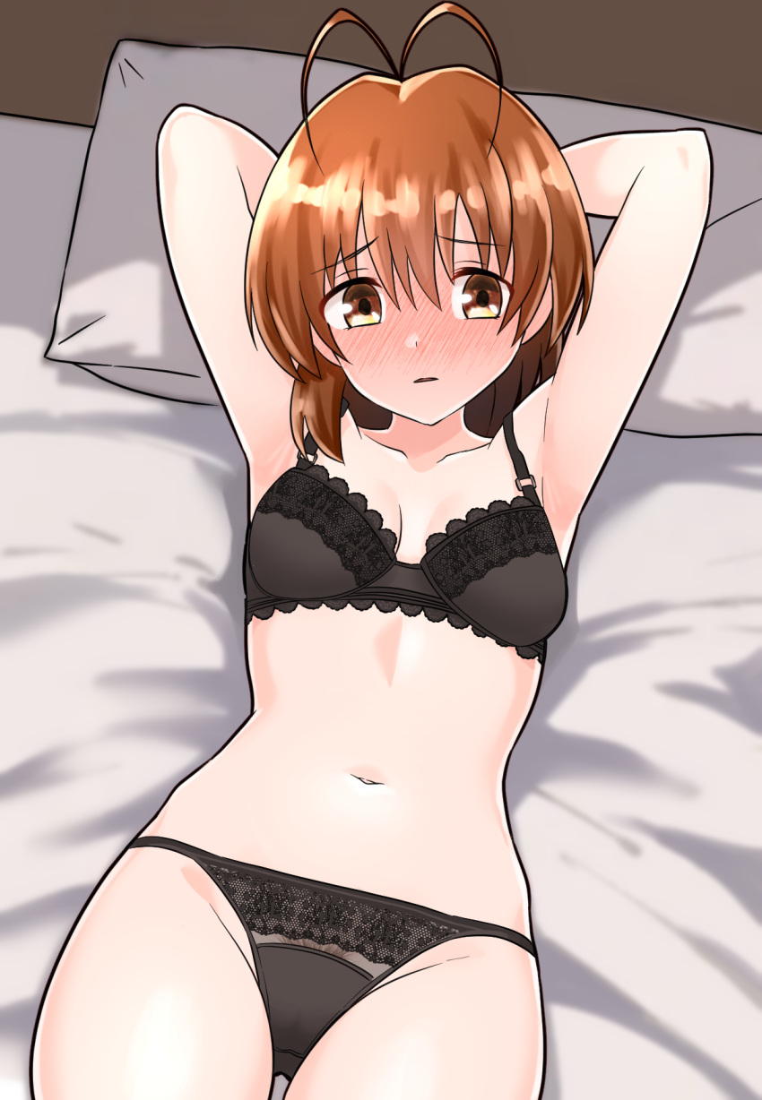 1girl antenna_hair armpits arms_up bed black_bra black_panties bra breasts brown_eyes brown_hair clannad cleava collarbone furaggu_(frag_0416) furukawa_nagisa highres lying navel on_back on_bed panties pillow short_hair small_breasts solo underwear underwear_only