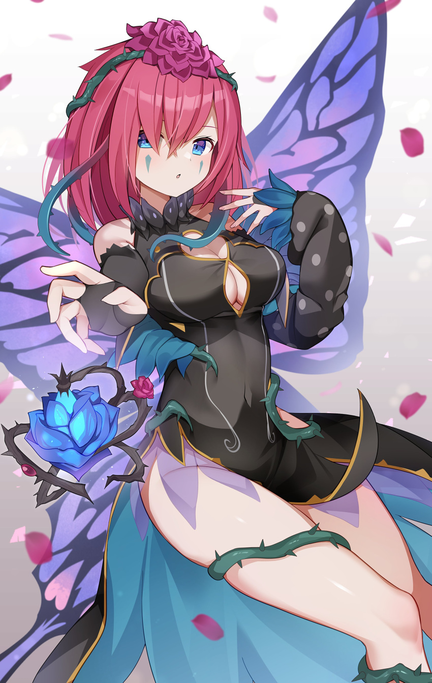 1girl absurdres bare_shoulders black_dress blue_eyes blue_flower breasts cleavage commission covered_navel detached_sleeves dress english_commentary facial_mark fairy fairy_wings fire_emblem fire_emblem_heroes flower hair_flower hair_ornament hair_vines highres looking_at_viewer medium_hair parted_lips petals plant red_flower red_hair second-party_source skeb_commission solo thorns tobio_illust triandra_(fire_emblem) vines wings