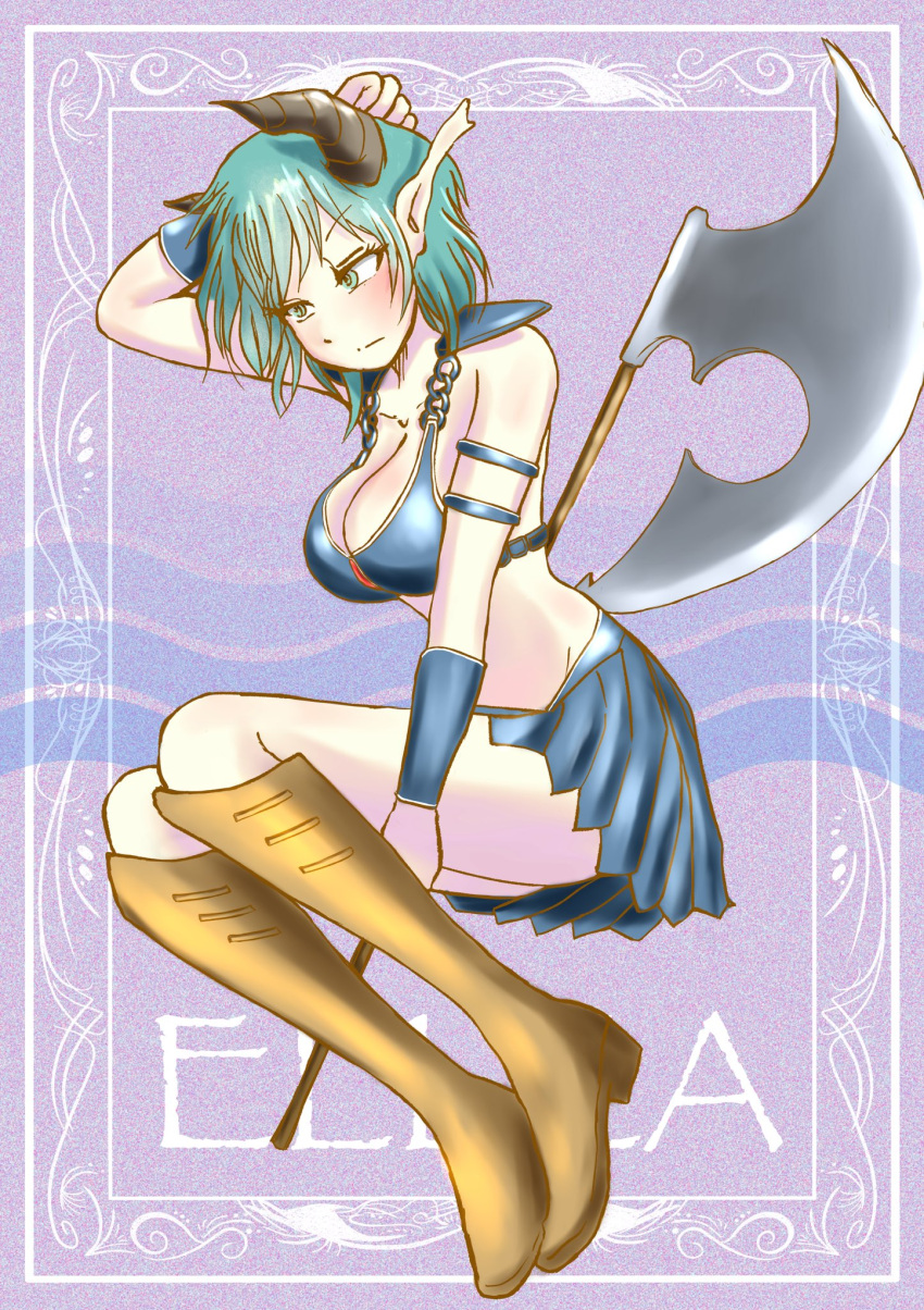 1girl aqua_hair armlet armor axe battle_axe bikini bikini_armor blue_bikini blue_skirt boots breasts brown_footwear expressionless full_body green_eyes hand_on_own_head hand_on_own_thigh highres horns knee_boots looking_to_the_side machao original pleated_skirt pointy_ears short_hair shoulder_armor skirt solo swimsuit weapon