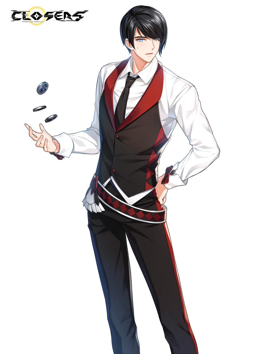 1boy belt black_belt black_hair black_necktie black_pants black_vest blue_eyes chulsoo_kim_(closers) closers collared_shirt copyright_name croupier dress_pants dress_shirt feet_out_of_frame hair_over_one_eye hand_on_own_hip highres logo long_sleeves looking_at_viewer male_focus necktie official_art pants parted_lips poker_chip shirt short_hair solo standing sweat swept_bangs tossing turning_head vest waistcoat white_background white_shirt