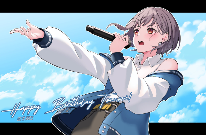 1girl absurdres bang_dream! bang_dream!_it's_mygo!!!!! belt blush buttons cloud collared_shirt commentary dutch_angle earrings english_commentary grey_hair happy_birthday highres holding holding_microphone ichi_(bttrfl1es) jacket jewelry letterboxed letterman_jacket long_sleeves looking_ahead microphone music off_shoulder open_clothes open_jacket open_mouth orange_eyes outline outstretched_arm pearl_earrings shirt short_hair singing sky sleeveless sleeveless_shirt solo takamatsu_tomori teeth upper_teeth_only white_outline white_shirt yellow_belt