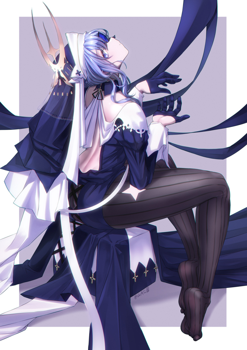 1girl arknights artist_name back_cutout black_pantyhose blue_dress blue_gloves border closed_mouth clothing_cutout dress eyelashes feet from_side full_body gloves habit hands_up head_back highres juliet_sleeves legs long_hair long_sleeves looking_at_viewer no_shoes nun paid_reward_available pantyhose puffy_sleeves purple_background purple_eyes purple_hair see-through see-through_legwear shadow sitting soles solo striped_clothes striped_pantyhose thighs toes whisperain_(arknights) white_border yamauchi_(conan-comy)