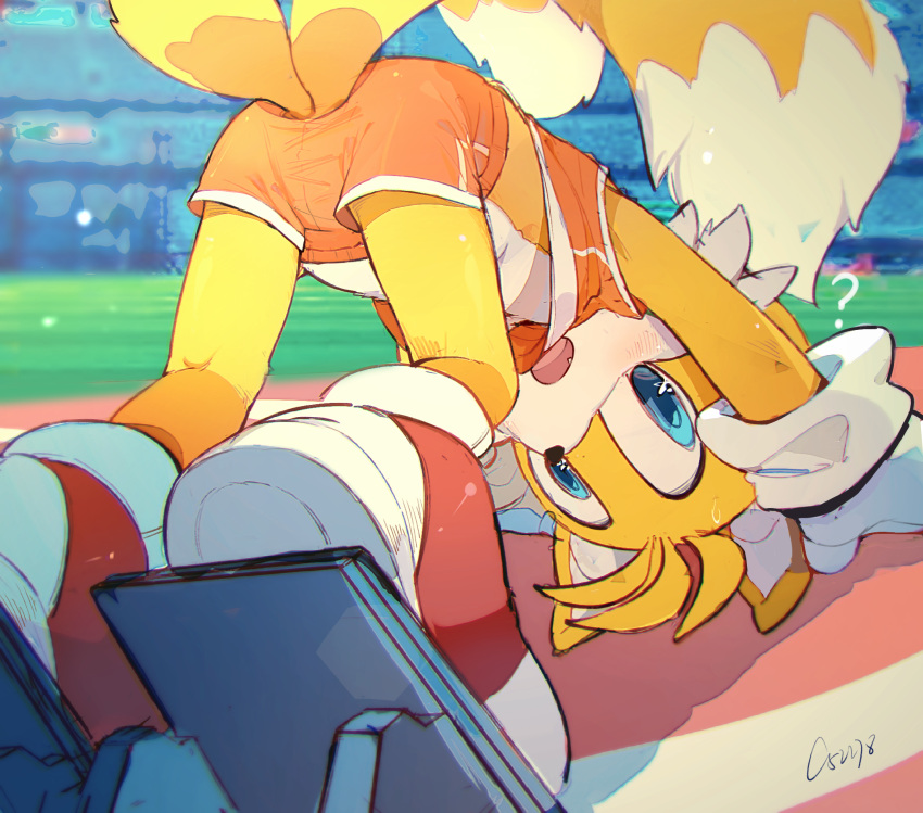 1boy ? animal_ears animal_nose artist_name blue_eyes blurry blurry_background c52278 clothes_lift commentary_request fang fox_boy furry furry_male highres looking_back male_focus red_footwear shirt_lift shorts solo sonic_(series) sportswear tails_(sonic)