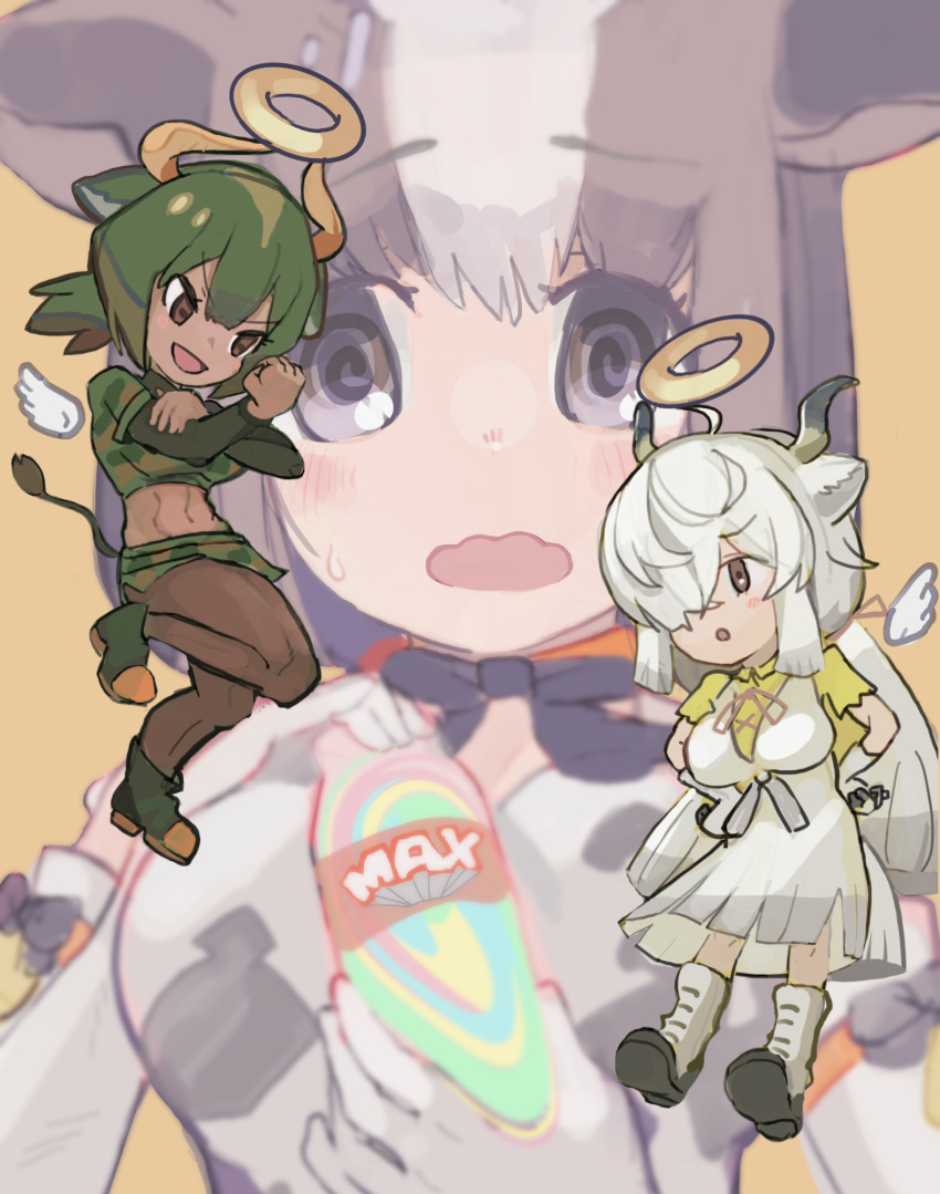 3girls angel angel_wings animal_ears apron aurochs_(kemono_friends) black_eyes black_hair boots bow bowtie cow_ears cow_girl cow_tail extra_ears gloves green_hair highres holstein_friesian_cattle_(kemono_friends) horns kemono_friends kunikuni_(kunihiro2005) long_hair multiple_girls pantyhose shirt simple_background skirt tail white_hair wings yak_(kemono_friends) yellow_background