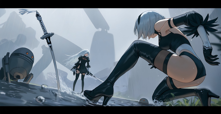 2b_(nier:automata) 2girls absurdres bare_shoulders black_border black_dress black_footwear black_gloves black_headband blurry blurry_background border breasts cleavage commentary detached_sleeves dress english_commentary faceless faceless_female gloves grass headband highres holding holding_sword holding_weapon long_hair mecha multiple_girls nier_(granblue_fantasy) nier_(series) robot short_hair sword water weapon white_hair wide_shot zero_(qingsongzero)