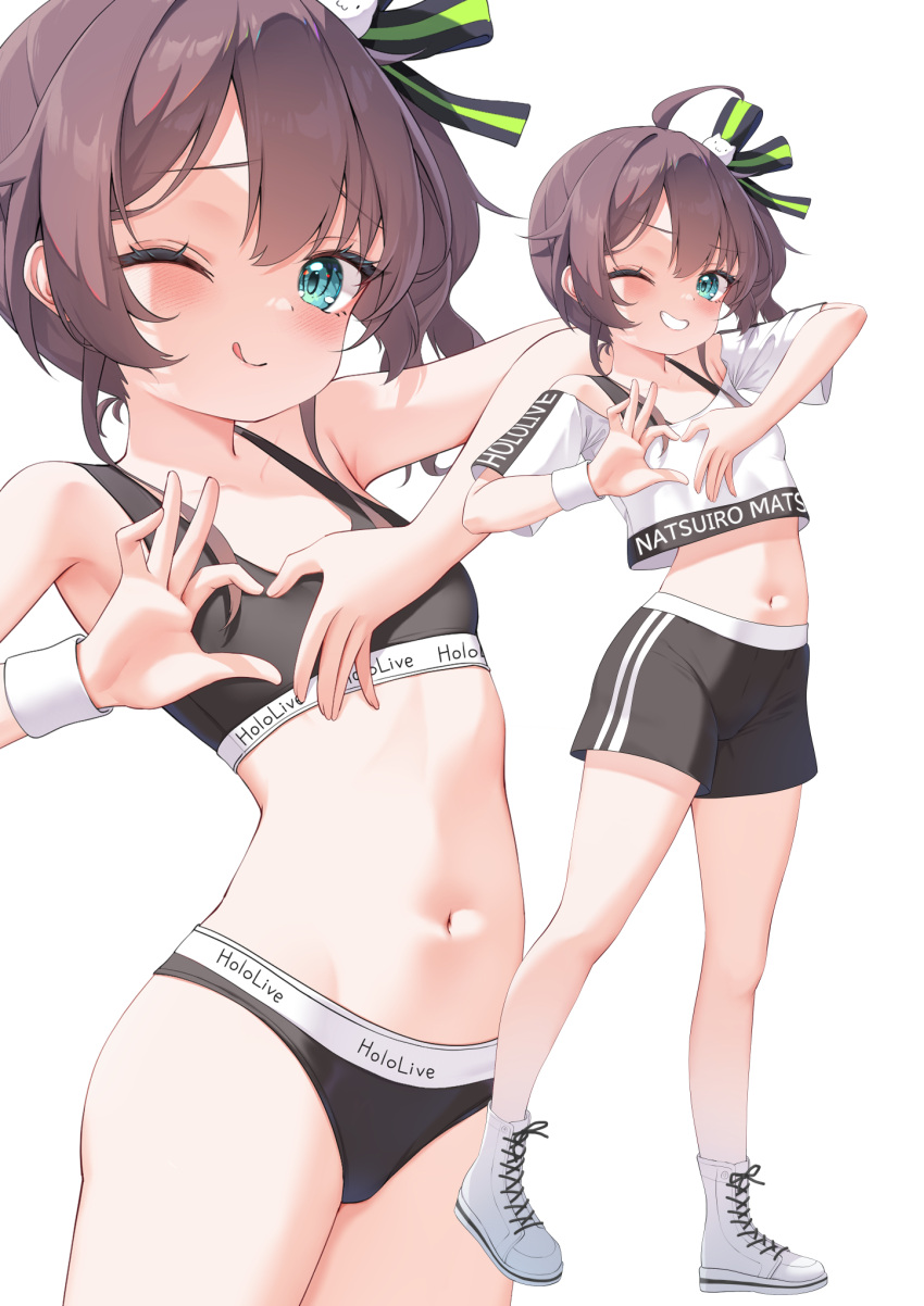 1girl :q aqua_eyes black_panties black_shorts black_sports_bra blush brown_hair cat_hair_ornament closed_mouth commentary_request cropped_shirt green_ribbon grin hair_ornament hair_ribbon highres hololive hololive_dance_practice_uniform looking_at_viewer medium_hair midriff multiple_views natsuiro_matsuri navel one_eye_closed paid_reward_available panties ribbon shirt short_sleeves shorts side_ponytail simple_background smile sports_bra stomach teeth tongue tongue_out underwear virtual_youtuber white_background white_footwear white_shirt yoshie_eneko