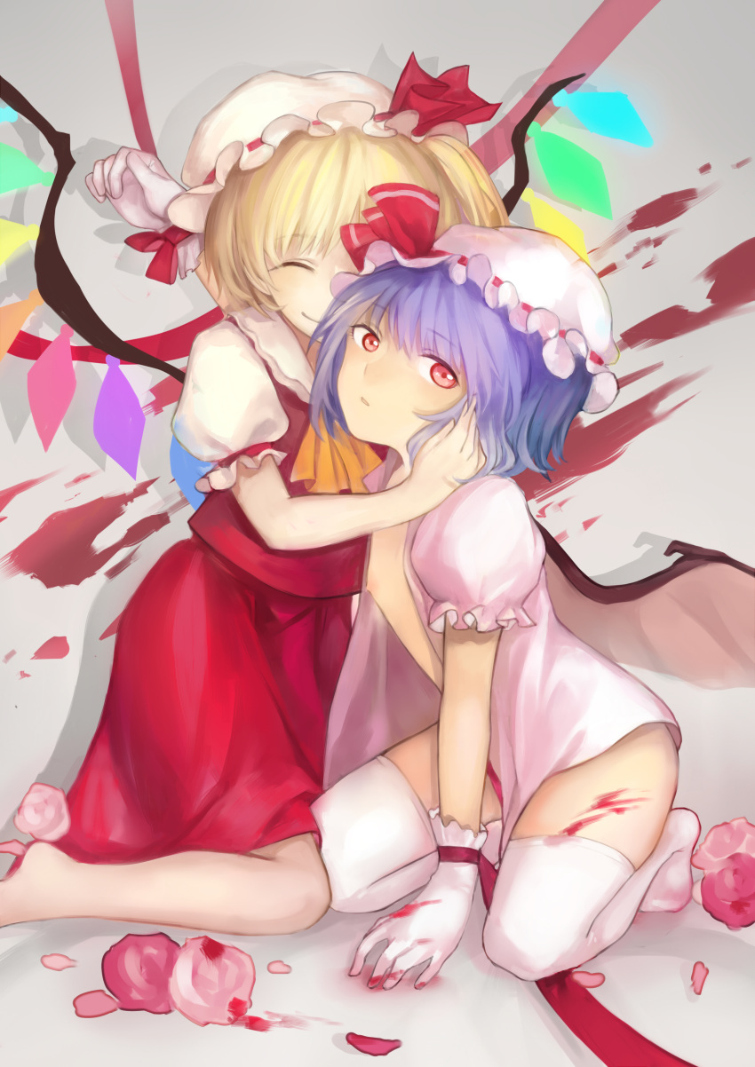 2girls absurdres ascot bat_wings blonde_hair closed_eyes closed_mouth collared_shirt facing_another flandre_scarlet gloves hand_on_another's_cheek hand_on_another's_face hat highres holding_another's_head hug looking_at_viewer medium_hair mob_cap multicolored_wings multiple_girls no_pants no_shoes pink_shirt puffy_short_sleeves puffy_sleeves purple_hair red_eyes red_ribbon red_skirt red_vest remilia_scarlet ribbon ribbon-trimmed_headwear ribbon_trim shirt short_sleeves siblings sisters skirt sleeve_ribbon thighhighs touhou vest white_gloves white_headwear white_shirt white_thighhighs wings yellow_ascot yumao_(miaowuxiaoxue)