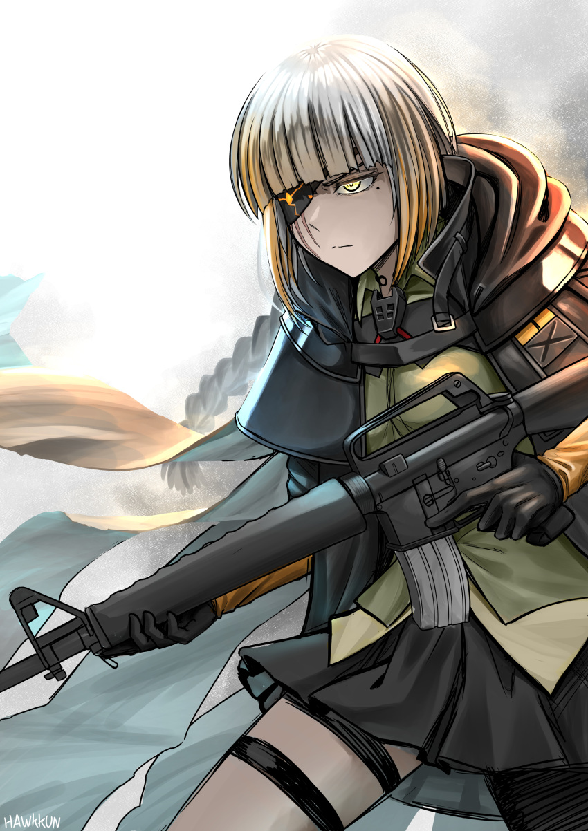 1girl absurdres assault_rifle black_dress black_gloves black_jacket closed_mouth dress eyepatch girls'_frontline gloves gun highres jacket long_hair long_sleeves looking_to_the_side m16 m16a1 m16a1_(boss)_(girls'_frontline) m16a1_(girls'_frontline) mole mole_under_eye multicolored_hair rifle scar senpaihawkkun shirt simple_background weapon white_hair yellow_eyes yellow_shirt