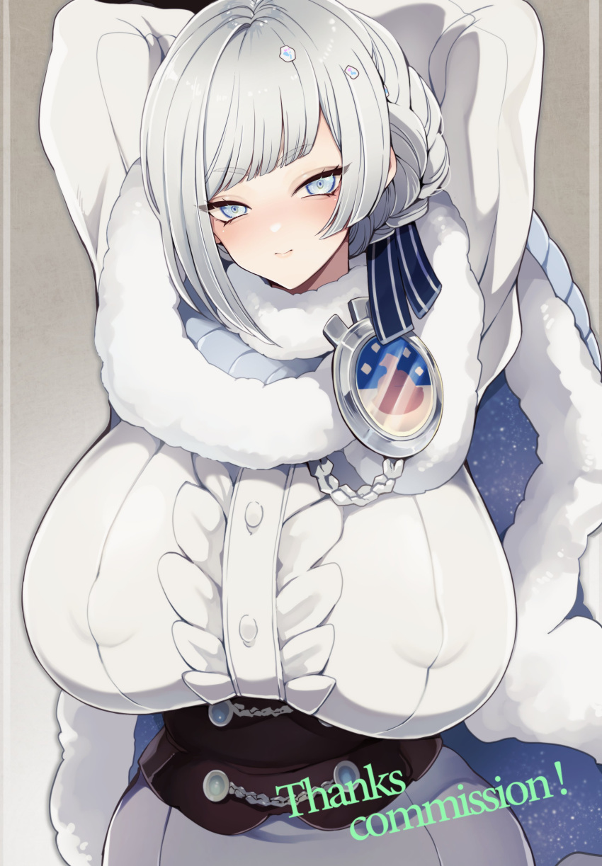 1girl absurdres akershus_fortress_(oshiro_project) arms_behind_head arms_up badge bb_m0024 black_corset blue_cape blue_cloak blue_eyes blush braid breasts cape center_frills cloak closed_mouth corset covered_nipples fluff frilled_shirt frills fur-trimmed_cape fur-trimmed_cloak fur_trim gradient_background grey_hair hair_ornament highres long_sleeves looking_at_viewer oshiro_project:re padded_cloak ribbon shirt solo striped_ribbon upper_body white_shirt