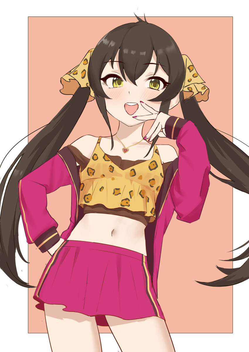 1girl absurdres animal_print bare_shoulders black_hair blush camisole cowboy_shot crop_top etsutsuni hair_ribbon heart heart_necklace highres idolmaster idolmaster_cinderella_girls jacket jewelry leopard_print long_hair looking_at_viewer matoba_risa miniskirt navel necklace off_shoulder open_clothes open_jacket open_mouth pink_jacket pink_nails pink_skirt print_ribbon ribbon sketch skirt smile solo twintails v yellow_eyes