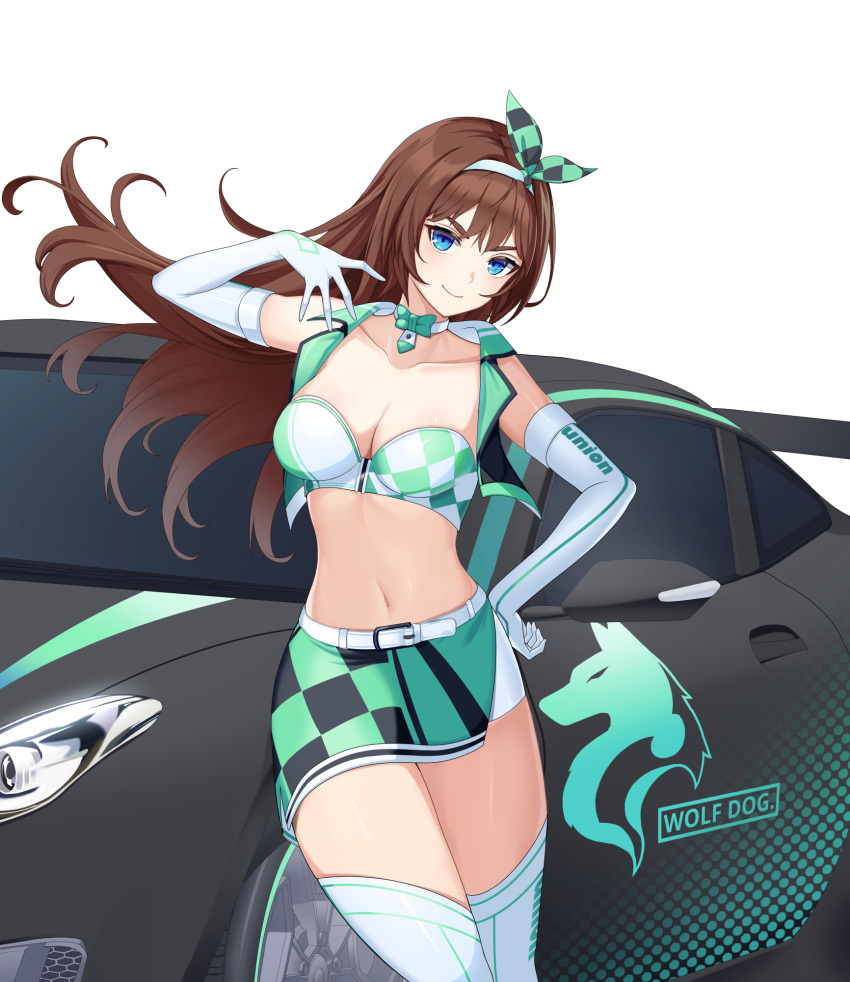 1girl arm_up bandeau bare_shoulders black_vest blue_eyes bow bowtie breasts brown_hair car choker cleavage closed_mouth closers cowboy_shot crop_top cropped_vest elbow_gloves floating_hair gloves green_shirt green_skirt hairband highres large_breasts long_hair looking_at_viewer midriff miniskirt motor_vehicle navel non-web_source official_art open_clothes open_vest race_queen race_vehicle racecar shirt side_slit skirt smile solo standing stomach strapless thighhighs thighs tube_top v-shaped_eyebrows vest violet_(closers) white_gloves white_thighhighs wing_collar zettai_ryouiki