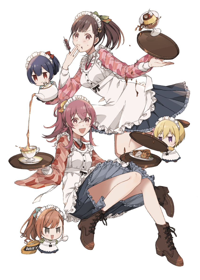 5girls absurdres alternate_hairstyle ankle_boots apron arisugawa_natsuha bag black_eyes blonde_hair blue_hair blush boots bow breasts brown_eyes brown_footwear brown_hair cake cake_slice checkered_ribbon cherry chibi chocolate closed_mouth cookie_hair_ornament cream cup dango dot_nose eating food food-themed_hair_ornament food_on_face frilled_apron frills fruit full_body green_ribbon green_shirt grey_skirt hair_between_eyes hair_bow hair_ornament hair_ribbon hand_up hands_up higawari_(higawarikn) highres holding holding_bag holding_food holding_spoon holding_teapot holding_tray houkago_climax_girls_(idolmaster) idolmaster idolmaster_shiny_colors japanese_clothes kimono komiya_kaho large_breasts layered_sleeves long_hair long_sleeves looking_at_viewer medium_breasts mint morino_rinze multiple_girls open_mouth orange_hair pink_kimono pink_ribbon ponytail pudding purple_eyes red_eyes red_hair red_kimono red_ribbon ribbon saijo_juri shirt short_hair simple_background skirt smile sonoda_chiyoko spilling spoon sweatdrop tea teacup teapot tray v-shaped_eyebrows wagashi white_apron white_background white_headdress wide_sleeves yagasuri yellow_ribbon