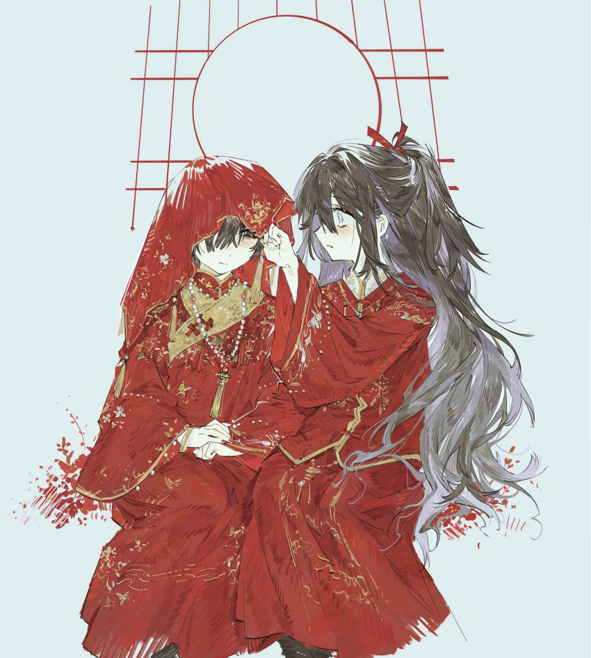 2boys bead_necklace beads black_hair chinese_clothes coat dress gold_trim half_updo hand_up hanfu highres hong_lu_(project_moon) jewelry lattice limbus_company long_hair long_sleeves meijiichigo multiple_boys neck_tassel necklace project_moon red_coat red_dress red_veil sitting very_long_hair wedding wide_sleeves yaoi yi_sang_(project_moon)