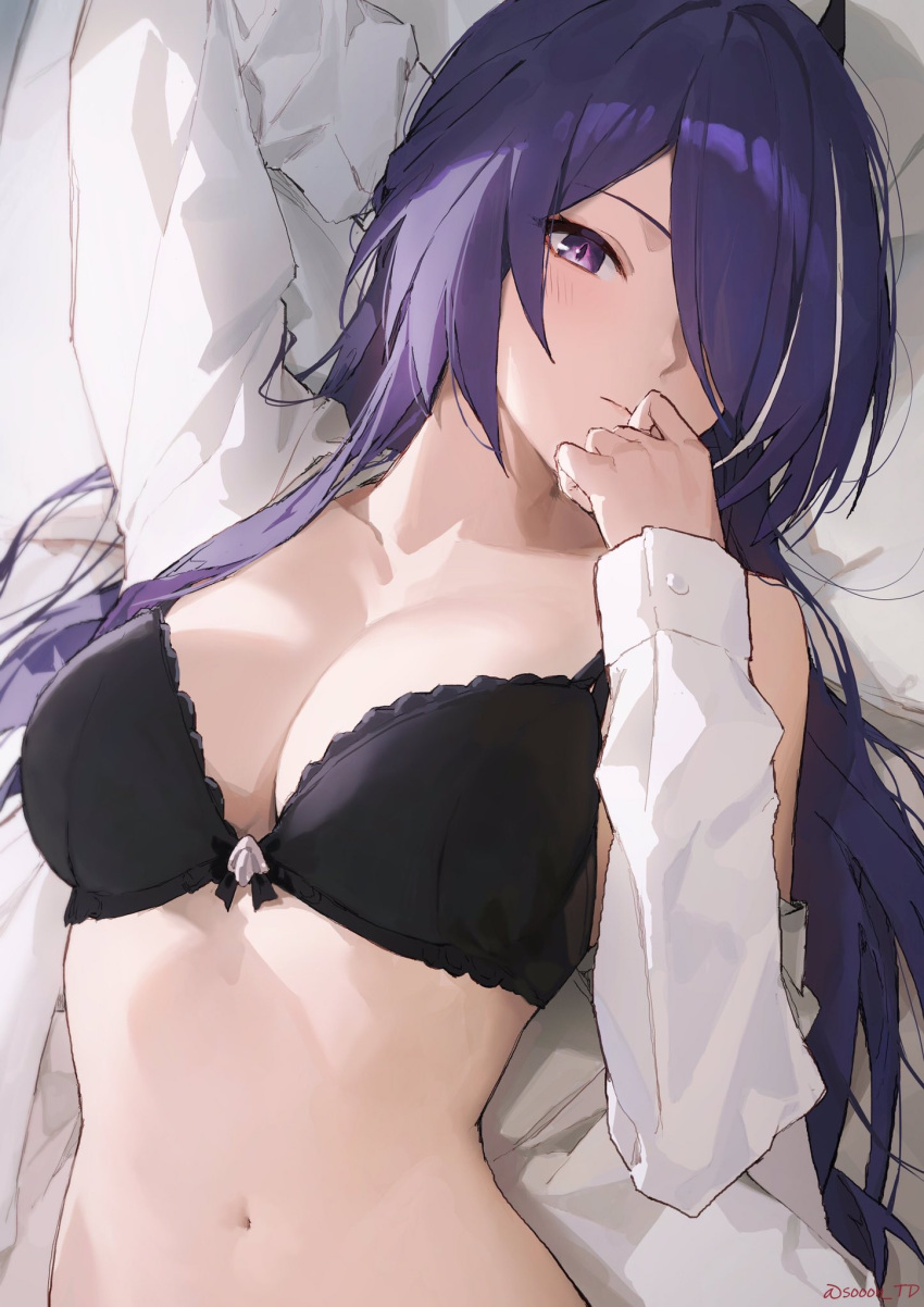 1girl black_bra bra breasts character_request cleavage closed_mouth copyright_request hair_over_one_eye hand_to_own_mouth highres large_breasts looking_at_viewer navel open_clothes open_shirt purple_eyes purple_hair shirt solo sooon underwear white_shirt