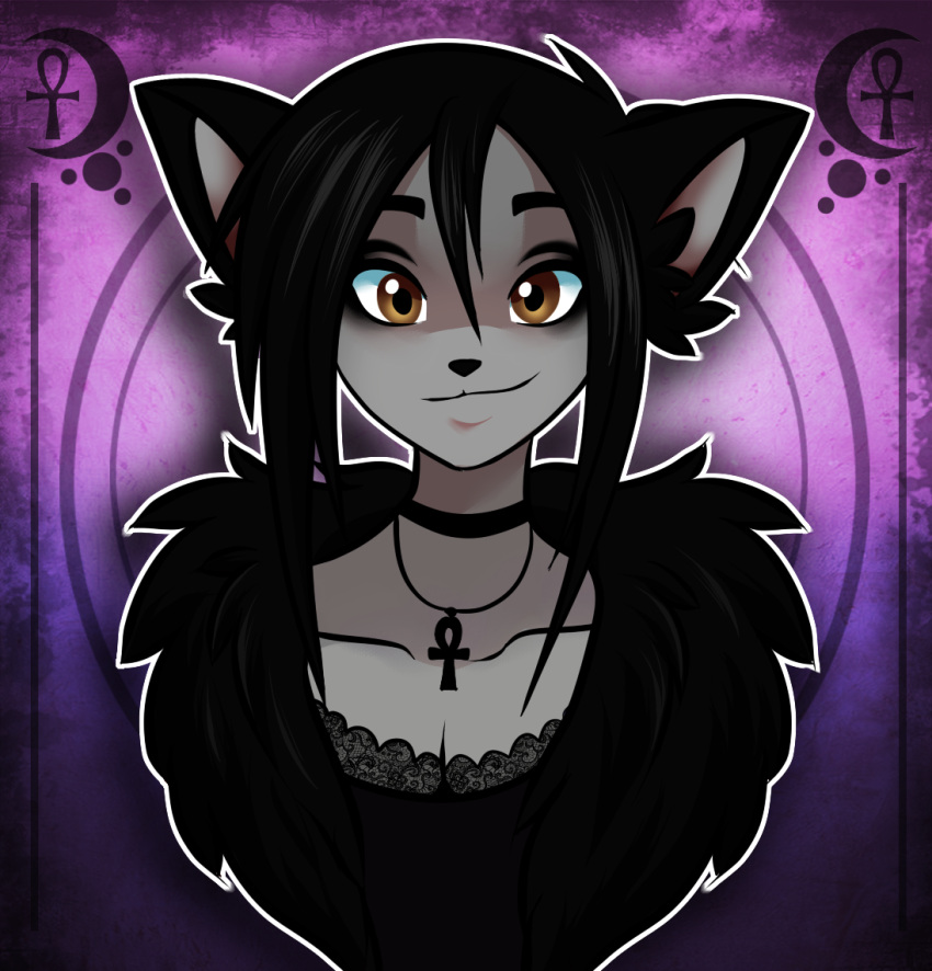 ankh anthro black_body black_fur black_hair brown_eyes choker digital_media_(artwork) domestic_cat eyeshadow felid feline felis fur girly goth grey_body grey_fur hair illustration jewelry kai_(ratchetjak) lace makeup male mammal necklace ratchetjak solo