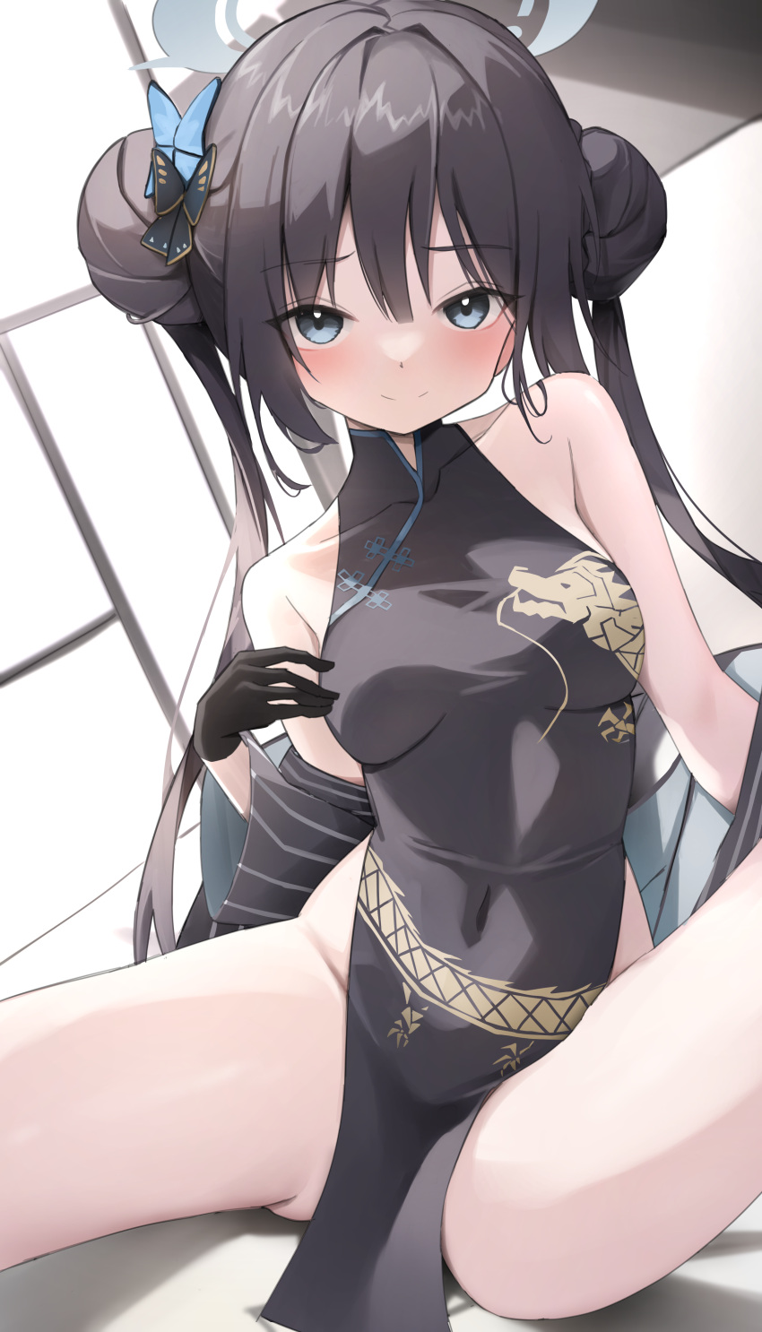 1girl absurdres ass black_dress black_gloves black_hair blue_archive blush breasts butterfly_hair_ornament china_dress chinese_clothes closed_mouth covered_navel double_bun dragon_print dress gloves grey_eyes grey_halo groin hair_bun hair_ornament halo highres kisaki_(blue_archive) long_hair looking_at_viewer scarlet_(wv0102) sleeveless sleeveless_dress small_breasts smile solo