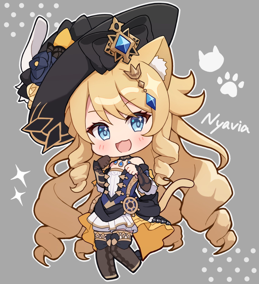 1girl 96m_4 :3 :d animal_ear_fluff animal_ears bare_shoulders black_headwear black_thighhighs blonde_hair blue_eyes blush cat_ears cat_tail chibi commentary detached_sleeves dress full_body genshin_impact gloves highres kemonomimi_mode long_hair long_sleeves looking_at_viewer multiple_tails navia_(genshin_impact) open_mouth single_glove smile solo standing strapless strapless_dress tail thighhighs two_tails very_long_hair