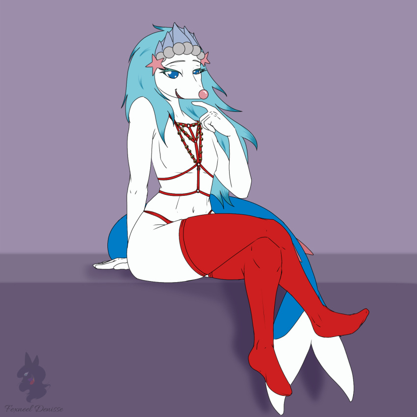 2022 anthro bell bell_harness blue_eyes blue_hair clothing digital_media_(artwork) eyelashes fexneel_denisse fish_tail flat_chested generation_7_pokemon girly hair harness hi_res jingle_bell jingle_bell_harness legwear long_hair looking_at_viewer male navel neptune_(rhode_arts) nintendo plantigrade pokemon pokemon_(species) primarina red_clothing red_legwear red_underwear simple_background solo star underwear watermark white_body