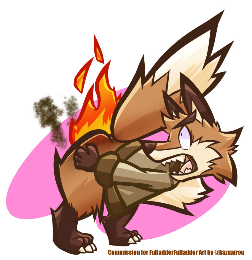 age_(fifybear) anthro bent_over bottomless burning butt butt_on_fire canid canine clothed clothing digital_media_(artwork) fire fox hand_on_butt hi_res kazuairou looking_at_butt looking_at_own_butt looking_back male mammal open_mouth pain raised_tail red_fox solo tail