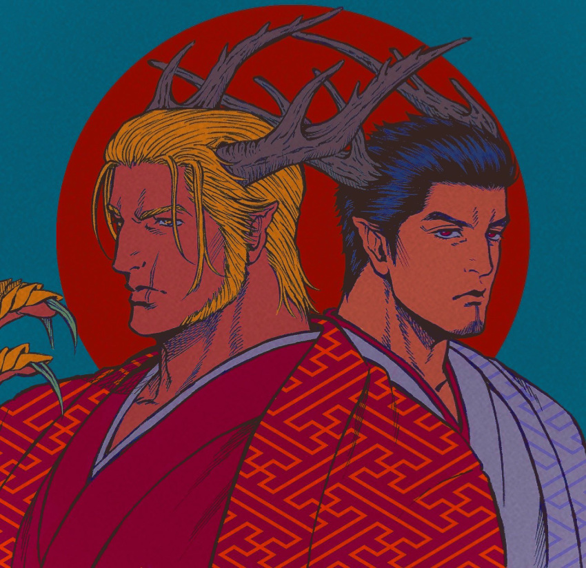 2boys alternate_costume antlers bara blonde_hair broad_shoulders brown_hair dragon_boy expressionless facial_hair goatee goda_ryuji haori highres japanese_clothes kimono kiryu_kazuma long_sideburns looking_at_viewer loose_hair_strand male_focus mature_male medium_sideburns monsterification multiple_boys pectorals pointy_ears red_kimono ryuu_ga_gotoku_(series) scar scar_on_face scar_on_mouth short_hair side-by-side sideburns sugo6s thick_eyebrows tsurime two-tone_background upper_body white_kimono