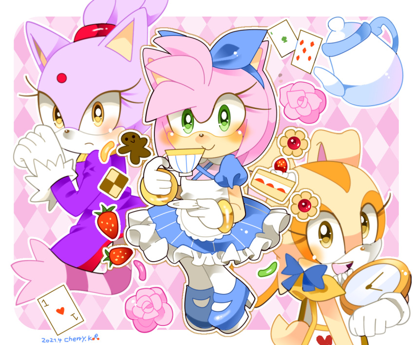 3girls amy_rose animal_ears blaze_the_cat blush brown_eyes cake cake_slice card cat_ears cat_girl cat_tail clock cream_the_rabbit cup dress flower food forehead_jewel frilled_dress frills fruit fur-trimmed_gloves fur_trim furry furry_female gloves green_eyes hedgehog_girl holding holding_cup jacket kusunoki_cherry looking_at_viewer multiple_girls pink_fur ponytail purple_fur purple_jacket rabbit_ears rabbit_girl rabbit_tail smile sonic_(series) strawberry tail teacup teapot white_gloves yellow_eyes