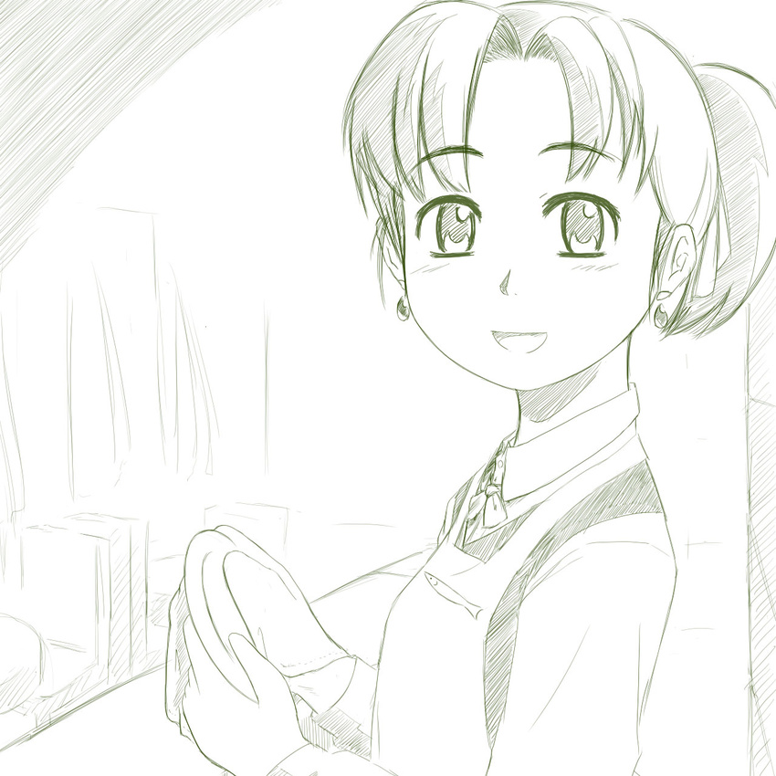 dishwashing greyscale hatsuseno_alpha highres monochrome ponytail sketch solo takehito yokohama_kaidashi_kikou