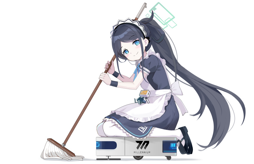&lt;key&gt;_(robot)_(blue_archive) 1girl absurdres apron aqua_halo aris_(blue_archive) aris_(maid)_(blue_archive) black_dress black_footwear black_hair blue_archive blue_eyes dress frilled_apron frills halo highres holding holding_mop long_hair looking_at_viewer maid maid_apron maid_headdress mop number_print official_alternate_costume pantyhose ponytail puffy_short_sleeves puffy_sleeves riding robotic_vacuum_cleaner short_sleeves smile solo square_halo very_long_hair white_apron white_pantyhose yoshikawa_hiro