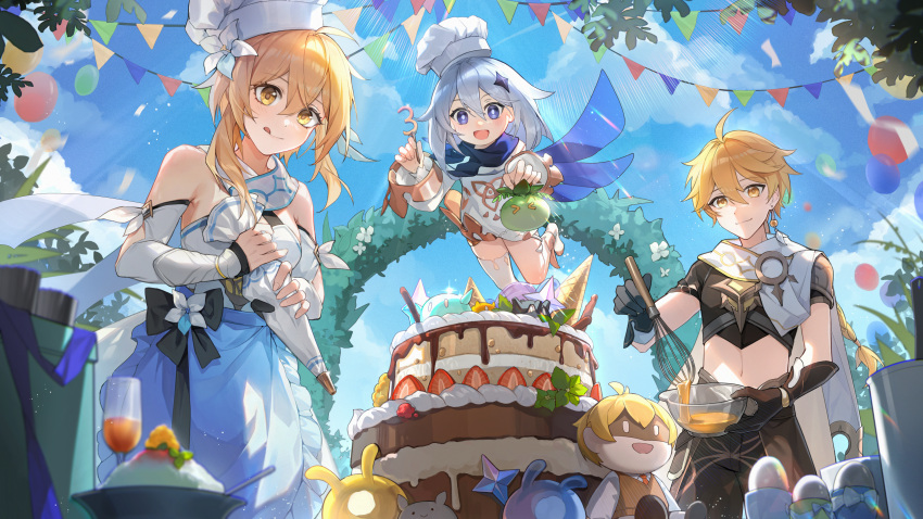 1boy 2girls :d :q absurdres aether_(genshin_impact) ahoge bare_shoulders black_gloves blonde_hair blue_sky breasts cake character_doll chef_hat detached_sleeves earrings flower food fruit genshin_impact gloves hair_flower hair_ornament hat highres holding jewelry long_sleeves lumine_(genshin_impact) midriff mujizi multiple_girls open_mouth paimon_(genshin_impact) pastry_bag purple_eyes shaved_ice single_earring sky smile strawberry string_of_flags tongue tongue_out white_hair yellow_eyes