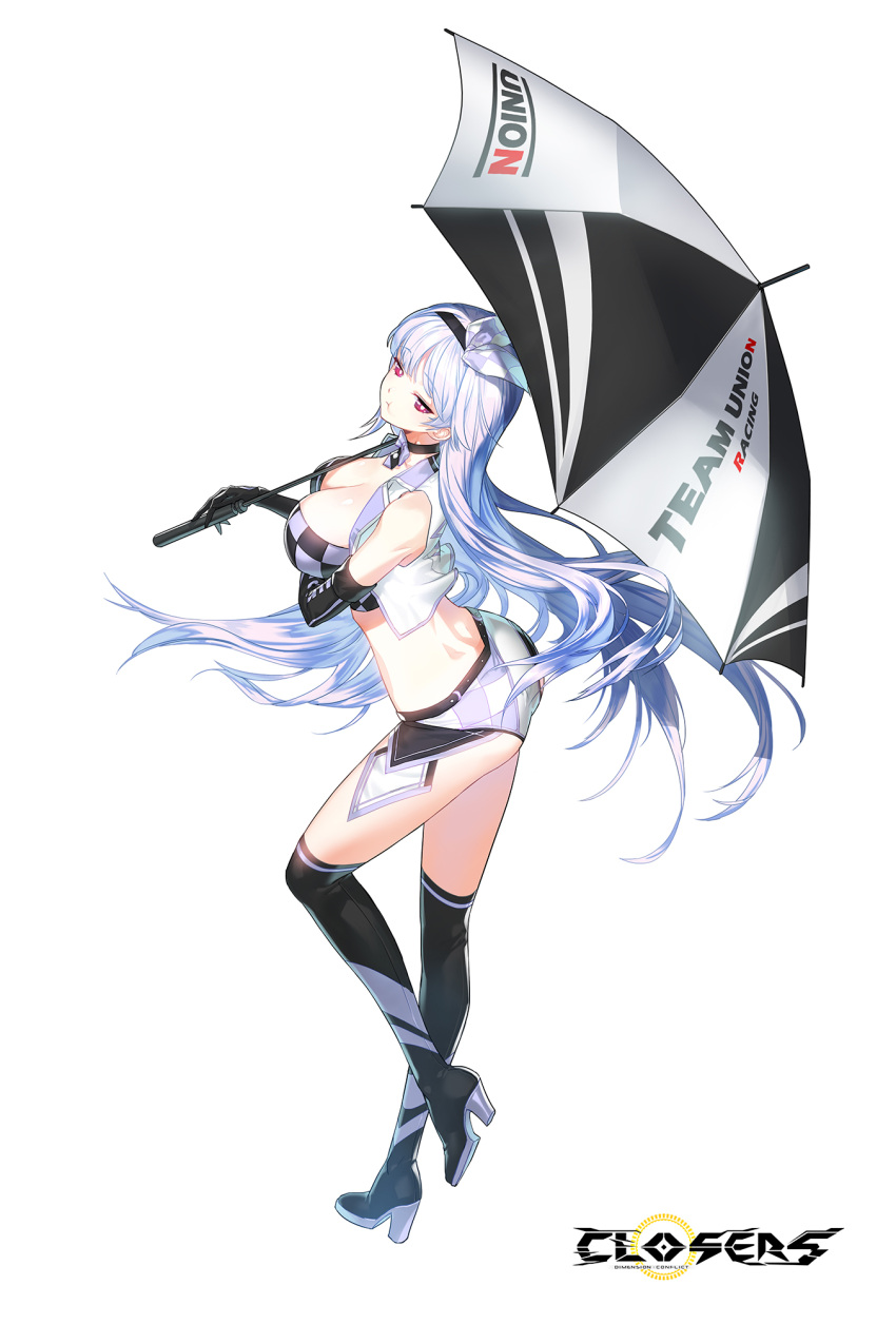 1girl :t ass bare_shoulders boots breasts choker cleavage closers crop_top cropped_vest elbow_gloves full_body gloves high_heel_boots high_heels highres holding holding_umbrella large_breasts long_hair looking_at_viewer looking_back micro_shorts midriff mirae_(closers) non-web_source official_art open_clothes pout race_queen red_eyes shorts sleeveless solo thigh_boots thighhighs thighs umbrella very_long_hair vest white_hair