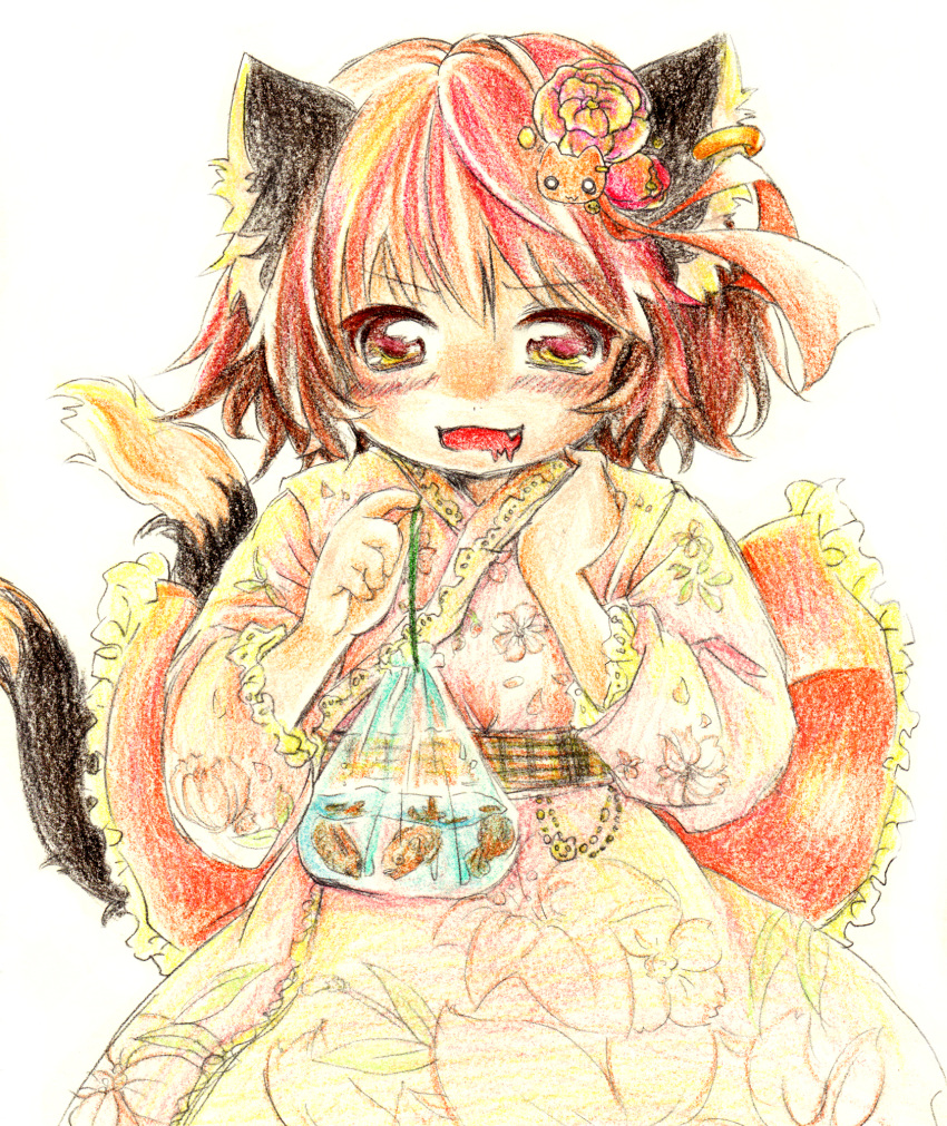 1girl :d alternate_costume animal_ear_piercing animal_ears bag bagged_fish blush brown_eyes brown_hair cat_ears cat_tail chen commentary_request dot_nose drooling earrings fang fish flat_chest floral_print furrowed_brow hair_ornament hanabi_(karintou15) hands_up highres holding holding_bag japanese_clothes jewelry kimono long_sleeves mouth_drool multiple_tails nekomata no_headwear open_mouth simple_background single_earring smile solo tail touhou two_tails white_background yukata