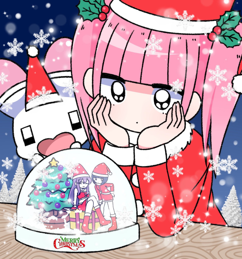 1girl animal black_eyes blunt_bangs christmas christmas_tree closed_mouth expressionless ezaki_bisuko fur_trim gift hands_on_own_cheeks hands_on_own_face hat highres looking_at_object menhera-chan_(ezaki_bisuko) menhera-chan_(ezaki_bisuko)_(character) mistletoe_hair_ornament night night_sky outdoors pink_hair rabbit sabukaru-chan_(ezaki_bisuko) santa_costume santa_hat short_twintails sky snow snow_globe snowflakes solo table tree twintails usatan_(ezaki_bisuko) yumekawa-chan_(ezaki_bisuko)