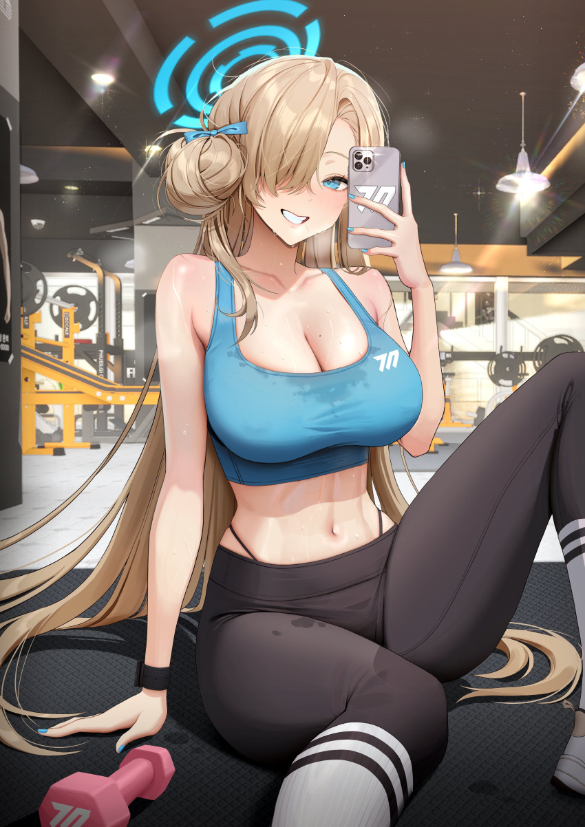 1girl absurdres alternate_costume asuna_(blue_archive) blonde_hair blue_archive blue_eyes blue_nails blue_sports_bra breasts ceiling_light cellphone collarbone covered_nipples dumbbell grin gym hair_bun hair_over_one_eye halo highres holding holding_phone kkuni large_breasts long_hair midriff mole mole_on_breast navel pants panty_straps phone revision selfie sitting smartphone smile solo sports_bra stomach sweat teeth very_long_hair yoga_pants