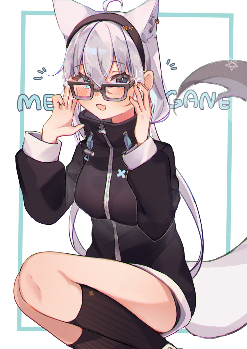 1girl adjusting_eyewear ahoge animal_ear_fluff animal_ears ao_kotoha black_hairband black_hoodie black_socks blush braid commentary_request earrings extra_ears fox_ears fox_girl fox_tail glasses green_eyes hair_between_eyes hairband highres hololive hood hoodie jewelry long_hair looking_at_viewer low_twintails open_mouth pentagram shirakami_fubuki shirakami_fubuki_(7th_costume) sidelocks single_braid socks solo squatting tail twintails virtual_youtuber white_hair