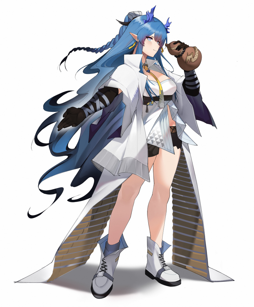 1girl absurdres arknights black_shorts blue_eyes blue_hair braid breasts coat detached_collar dragon_girl dragon_horns earrings gourd gradient_eyes highres holding_gourd horns jewelry large_breasts ling_(arknights) long_hair looking_at_viewer multicolored_eyes necktie open_clothes open_coat pointy_ears shirt short_shorts short_sleeves shorts soda_(sod4) solo strapless strapless_shirt tassel tassel_earrings very_long_hair white_coat white_footwear white_shirt yellow_necktie