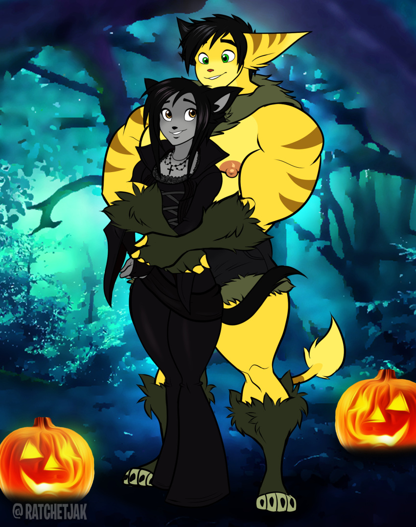anthro bell_bottoms big_muscles big_pecs black_clothing black_hair black_tail bottomwear canid canine clothed clothing costume curvy_figure domestic_cat ecs embrace fan_character felid feline felis food fruit fur goth grey_body grey_fur hair halloween hi_res holidays hotpants hug hugging_from_behind jack-o'-lantern kai_(ratchetjak) lombax male male/male mammal markings muscular muscular_arms nipples pants pecs plant pumpkin ratchet_and_clank ratchetjak romantic romantic_couple shorts size_difference sony_corporation sony_interactive_entertainment spike_(ratchetjak) spiky_hair striped_body striped_markings stripes tail thick_thighs vampire vampire_costume were werecanid werecanine werewolf werewolf_costume yellow_body yellow_fur