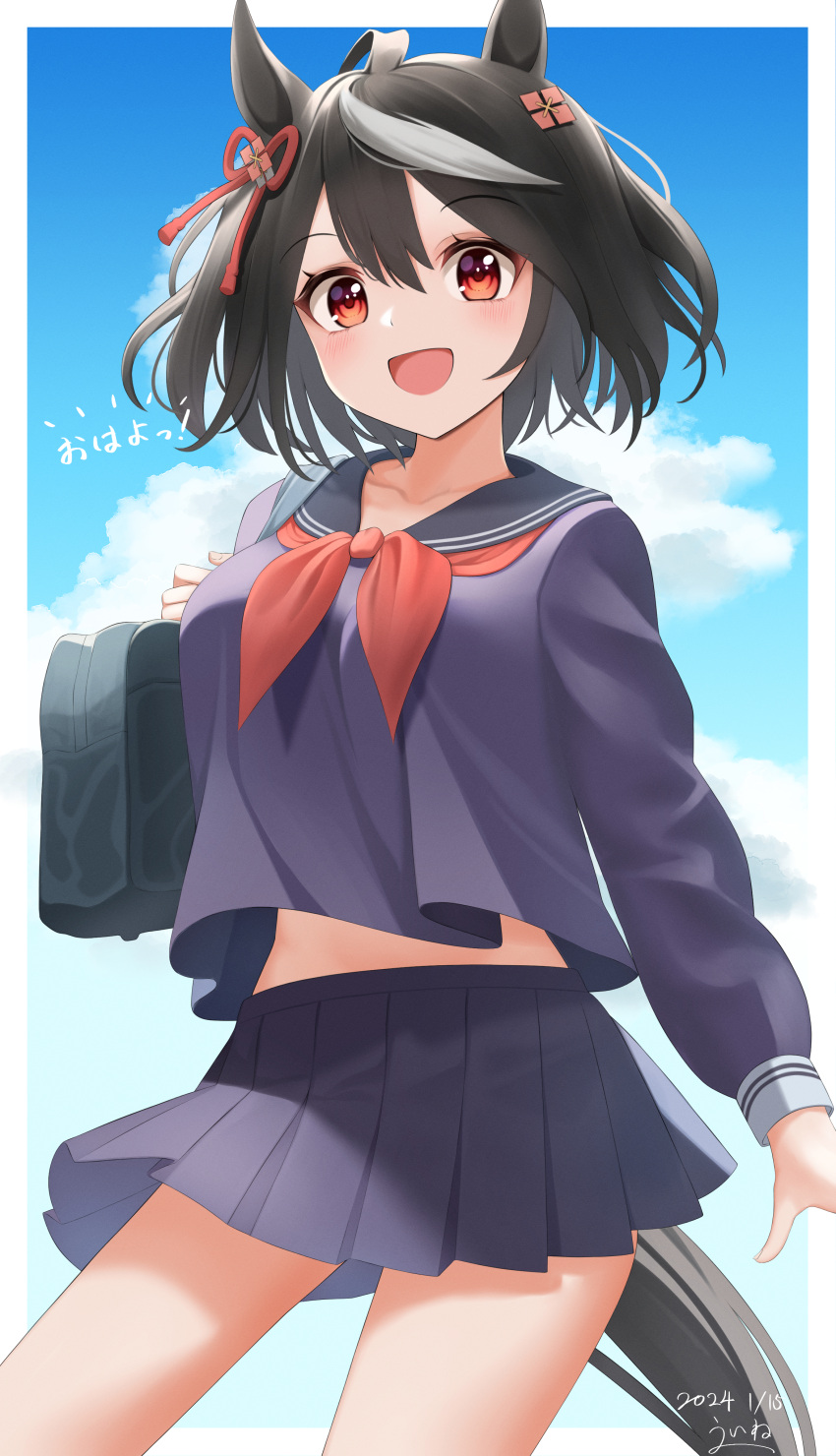 1girl absurdres ahoge alternate_costume animal_ears bag black_hair blue_bag blue_skirt blue_sky blush border breasts cloud cloudy_sky commentary_request cowboy_shot dated ear_ornament hair_between_eyes highres horse_ears horse_girl horse_tail kitasan_black_(umamusume) long_sleeves looking_at_viewer medium_breasts multicolored_hair neckerchief open_mouth outdoors pleated_skirt red_eyes red_neckerchief sailor_collar school_bag school_uniform serafuku shoulder_bag signature skirt sky smile solo streaked_hair tail uine_(bobhairshuki) umamusume white_border white_hair