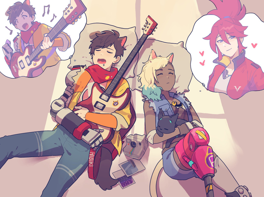 1d1ot 808_(hi-fi_rush) animal_ears blonde_hair brown_hair camera cat cat_ears cat_tail chai_(hi-fi_rush) colored_tips dog_ears dog_tail dreaming drooling electric_guitar guitar heart hi-fi_rush highres instrument korsica_(hi-fi_rush) mechanical_arms multicolored_hair music open_mouth peppermint_(hi-fi_rush) photo_(object) pillow playing_instrument prosthesis prosthetic_leg red_hair scarf short_shorts shorts single_mechanical_arm sleeping smile tail thought_bubble torn_clothes torn_sleeves