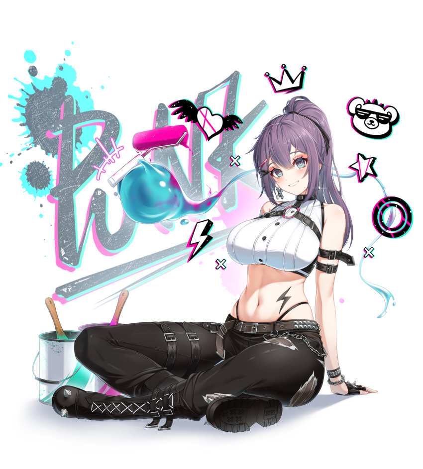 1girl aeri_(closers) aqua_eyes arm_belt arm_support bare_shoulders belt black_choker black_footwear black_gloves black_pants boots breasts buttons chain chest_harness choker closers crop_top cross-laced_footwear earrings fingerless_gloves glint gloves grin hair_ornament hairclip harness highleg highres indian_style jewelry knee_boots large_breasts leg_belt lightning_bolt_symbol long_hair looking_at_viewer midriff mole mole_under_mouth navel non-web_source official_art pants panty_straps ponytail purple_hair ribbed_shirt shirt sitting skindentation sleeveless sleeveless_shirt smile solo stomach studded_belt studded_bracelet tattoo torn_clothes torn_pants white_shirt