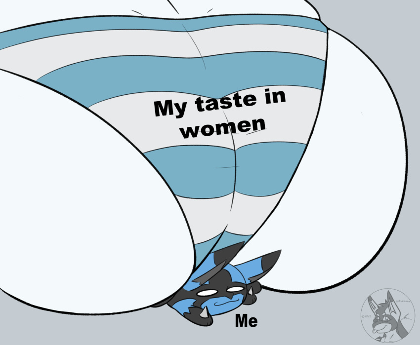 anthro big_butt butt butt_focus clothing female gardevoir generation_3_pokemon generation_4_pokemon hi_res humor jeffthehusky larger_female lucario lucas_arynn male meme nintendo panties pattern_clothing pokemon pokemon_(species) sat_on sitting size_difference smaller_male striped_clothing stripes under_butt underwear