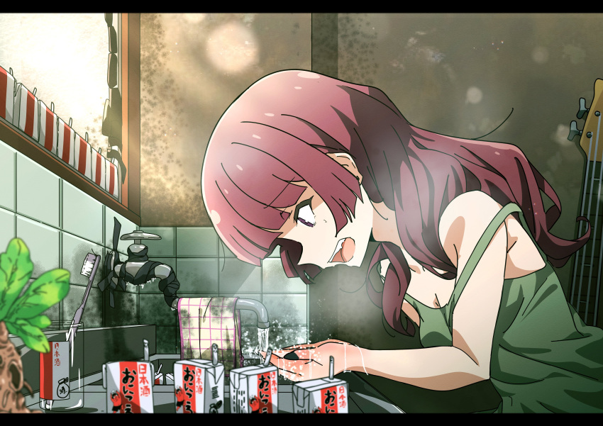 1girl absurdres alcohol alcohol_carton bass_guitar bocchi_the_rock! breasts carton cleavage commentary_request dress faucet goumonsha green_dress highres hiroi_kikuri instrument kitchen long_hair purple_eyes purple_hair sink solo toothbrush water