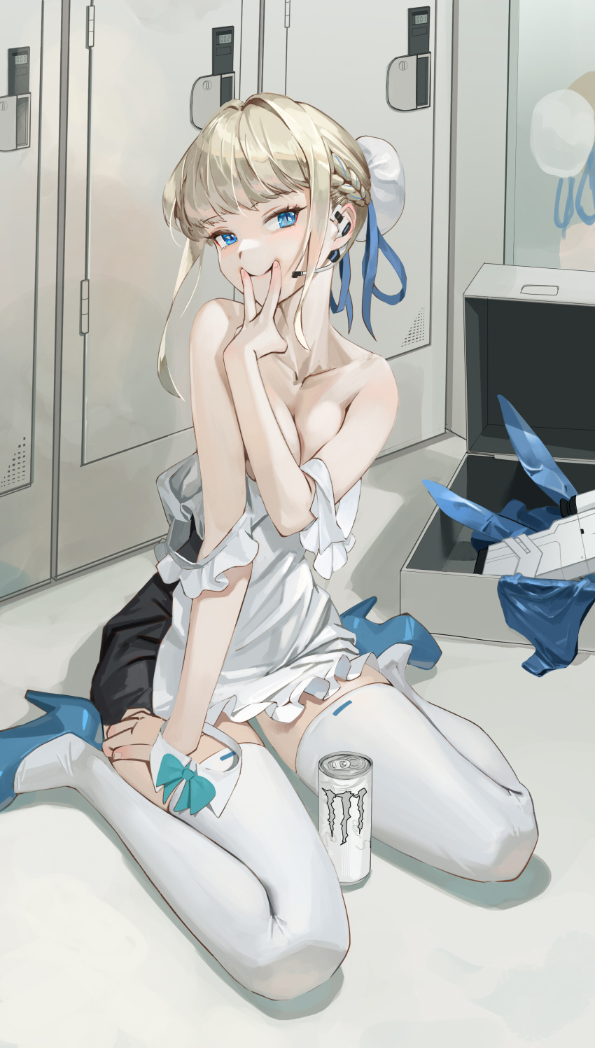 1girl absurdres animal_ears apron bare_shoulders blonde_hair blue_archive blue_eyes blue_footwear blue_ribbon breasts bun_cover can collarbone commentary_request fake_animal_ears frilled_apron frills gun hair_intakes hair_ribbon headset high_heels highres indoors korean_commentary locker locker_room looking_at_viewer medium_breasts midfinger mirror monster_energy multicolored_hair reflection ribbon sitting solo streaked_hair thighhighs thighs toki_(blue_archive) wariza weapon white_apron white_thighhighs